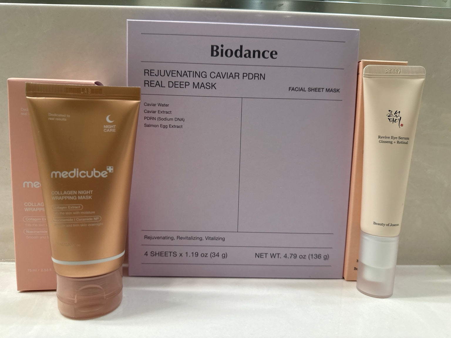 Glassglow Night Repair Bundle with Biodance mask, Medicube night mask, and Beauty of Joseon eye serum